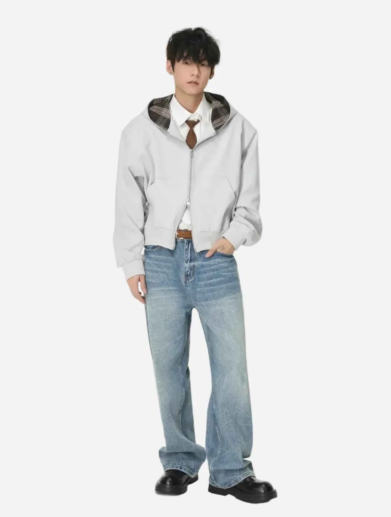 Chic Plaid Colorblock Double Zipper Hooded Sweatshirt