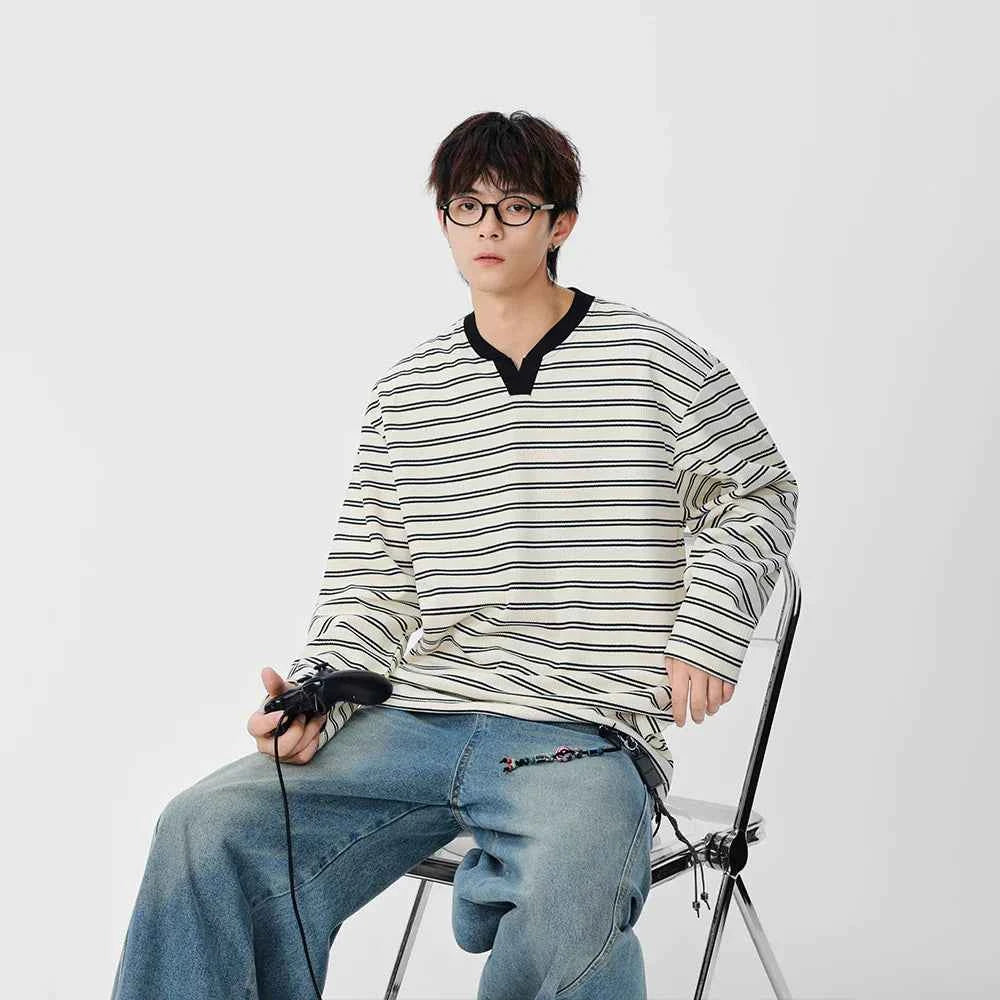 Striped Casual Long Sleeve V-Neck T-Shirt