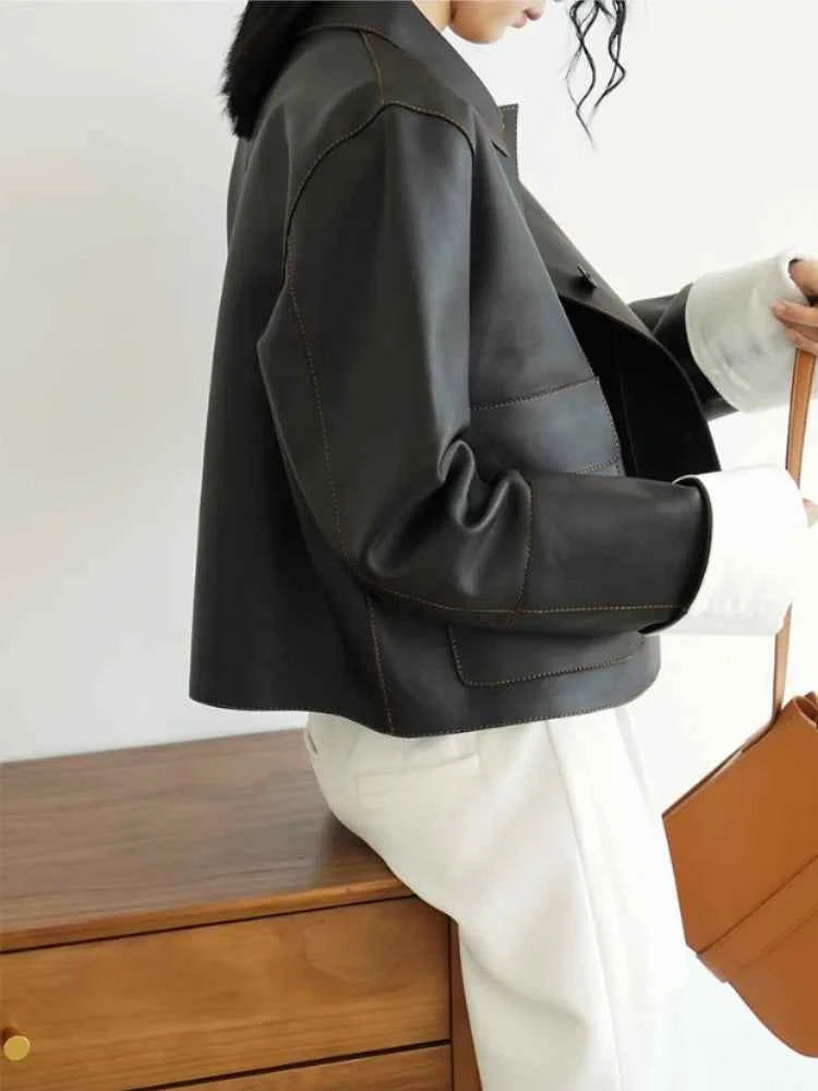 Women Luxury Retro Collar Short Leather Jacket