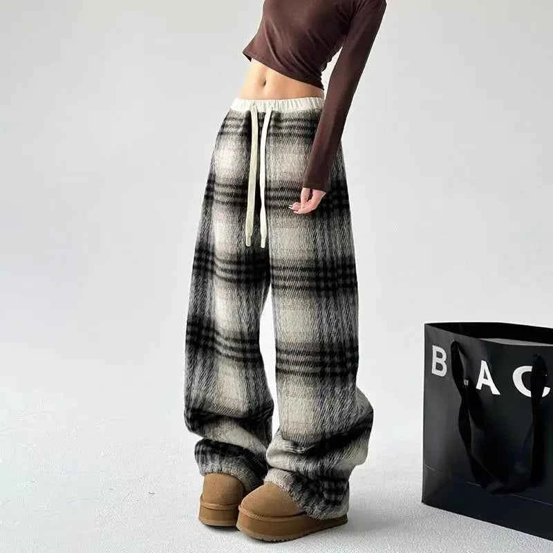 Cool Vintage American Style Plaid Wide Pants