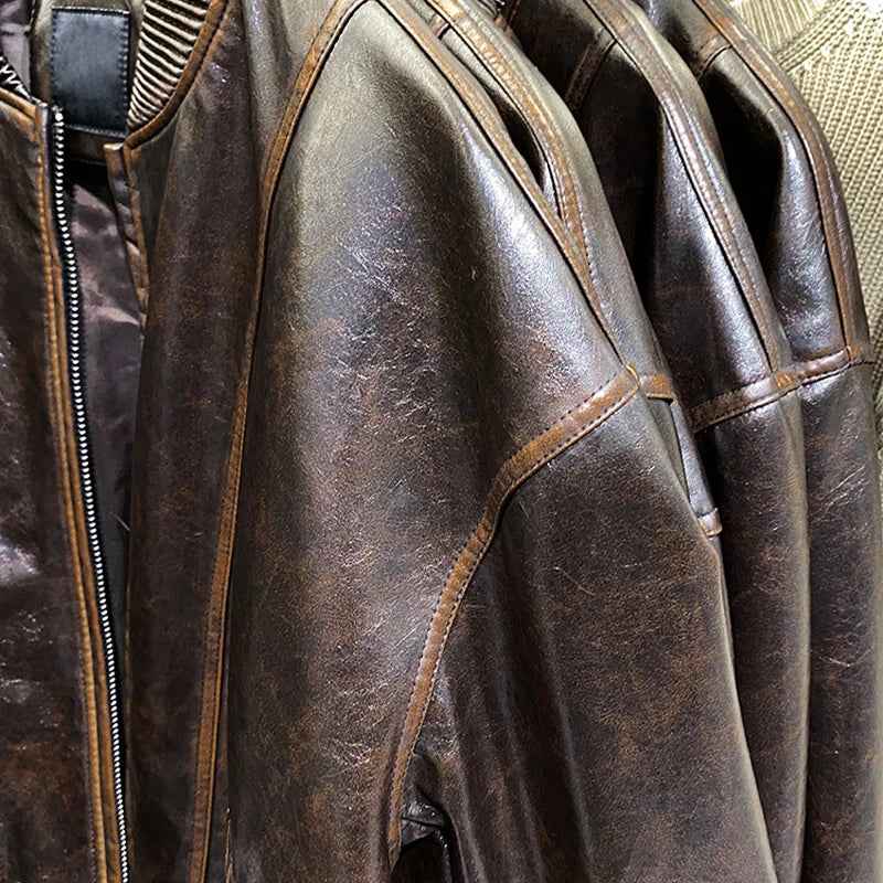 Winter Loose Fit Retro Brown Leather Race Jacket