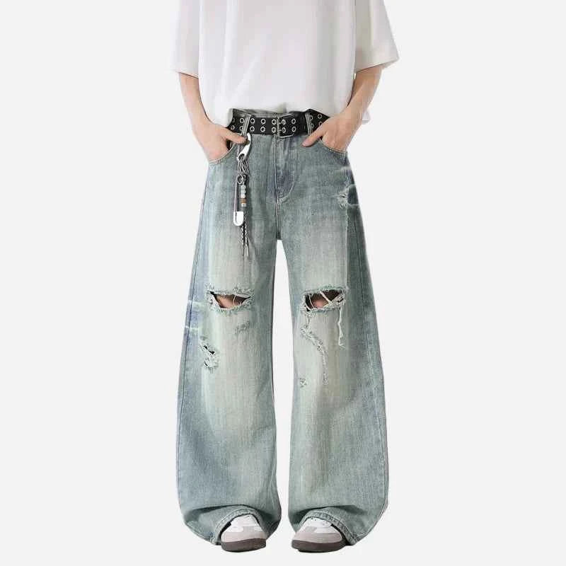 Rugged Blue Distressed Wide Leg Jeans