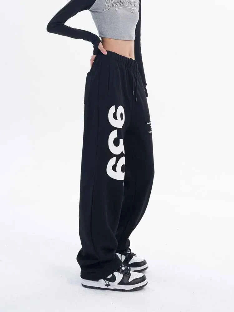 Vintage Black Korean Letter Print Wide Sweatpants