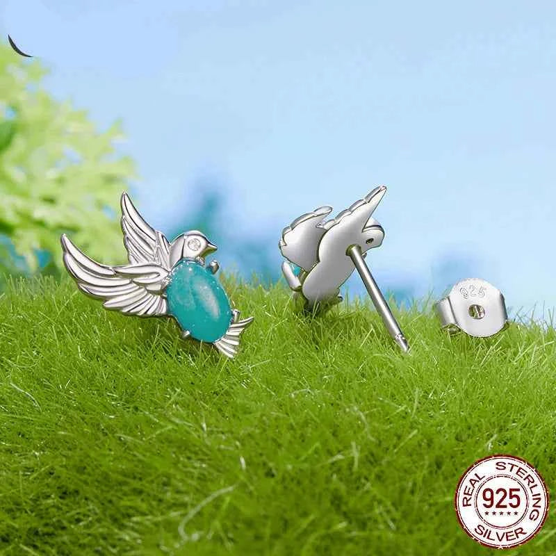 Women Cute Green CZ Bird Stud Earrings
