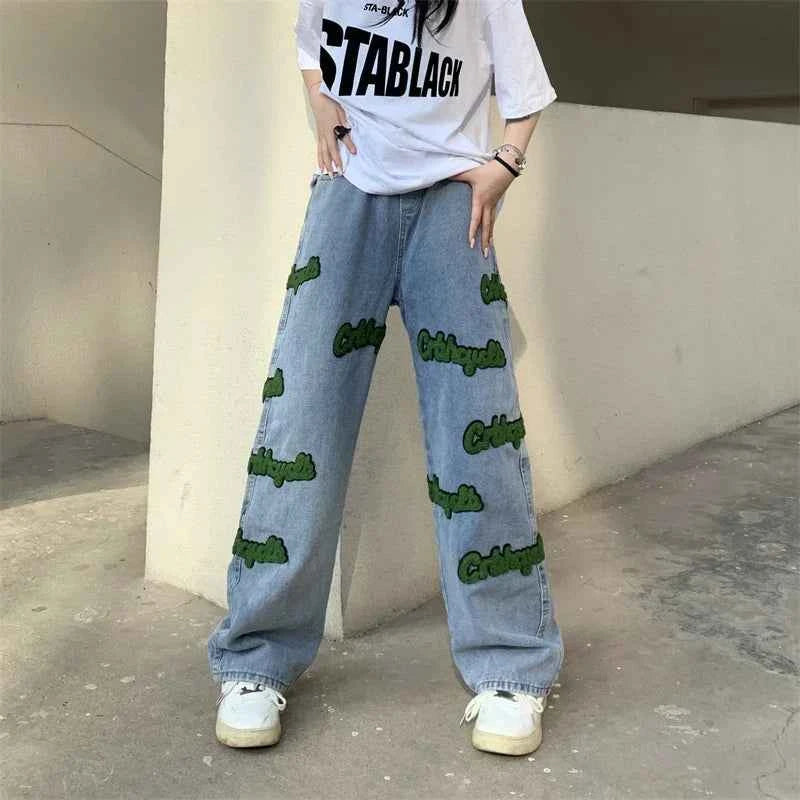 Elastic High Waist Flocked Embroidered Jeans