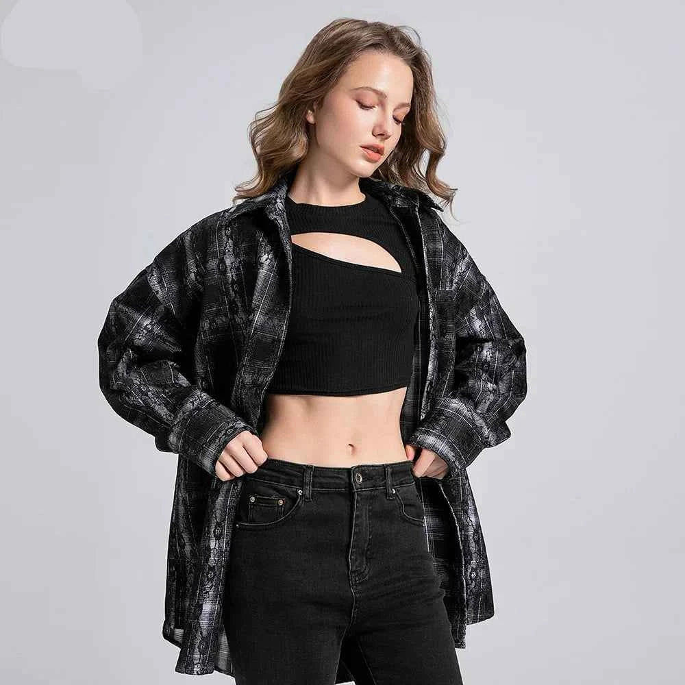 Women Retro Plaid Overshirt Long Sleeve Shirt