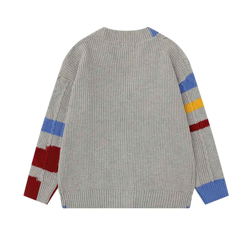 Retro Single Breasted Color Block V-Neck Collar Cardigan