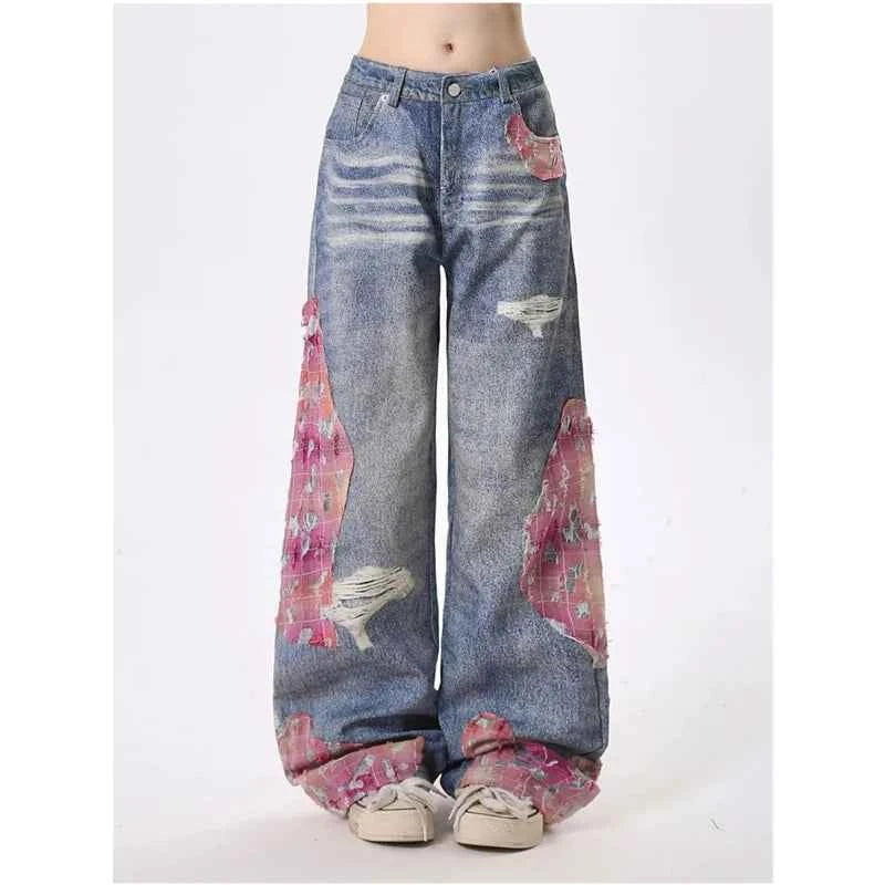 Women Cool Vintage Ripped Hollow Out Tassels Jeans