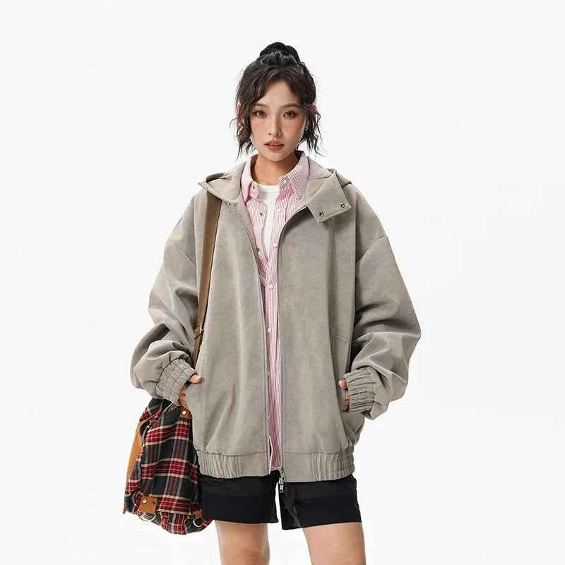 Windproof Suede Zipper Hooded Leather Jacket
