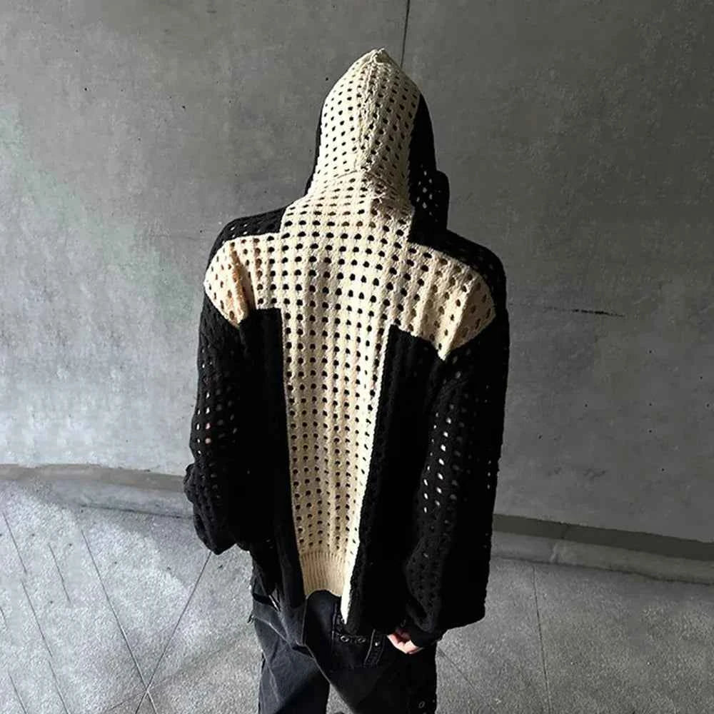 Elevated Colorblock Hollow Casual Hooded Sweater