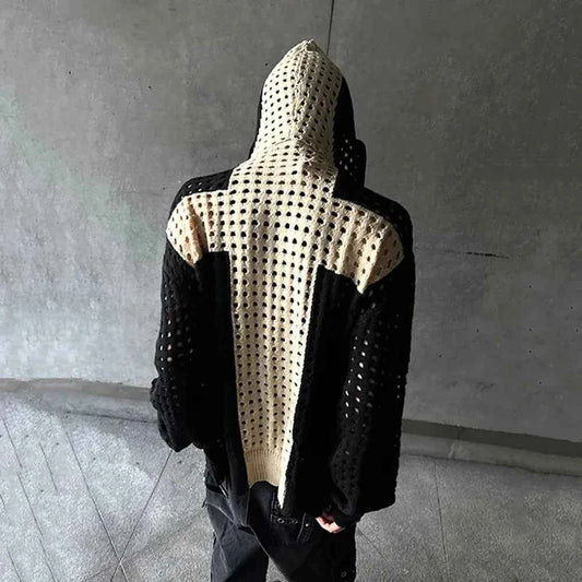 Elevated Colorblock Hollow Casual Hooded Sweater