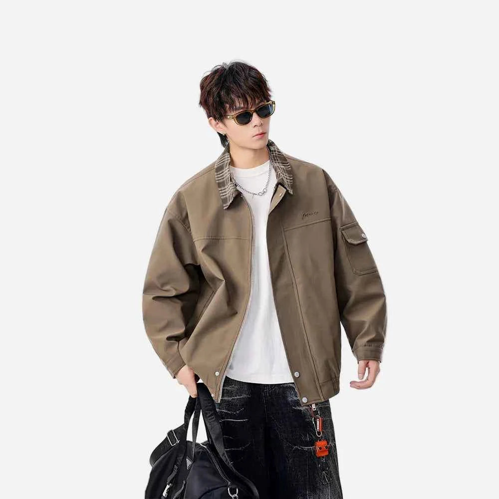 Warm Contrast Plaid Collar Button Up Leather Jacket
