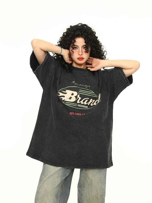 Vintage Alphabet Print Loose Cotton T-Shirt