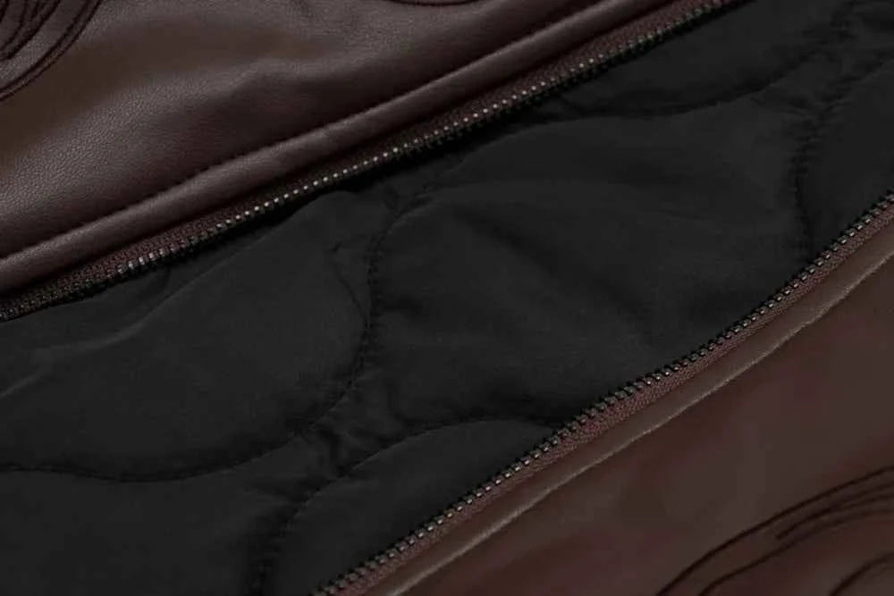 Retro Rivets Embroidery PU Leather Hooded Jacket