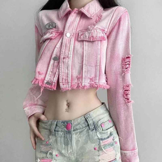Pink Ripped Hip Hop Short Denim Jacket