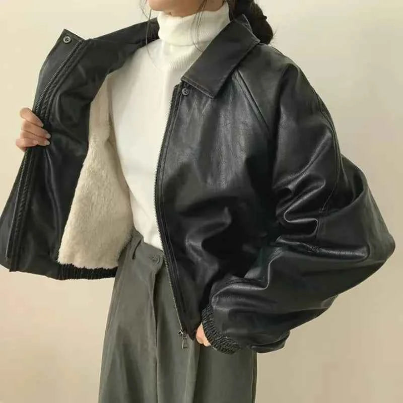 Warm Retro Minimalist Suede Lapel Leather Jacket