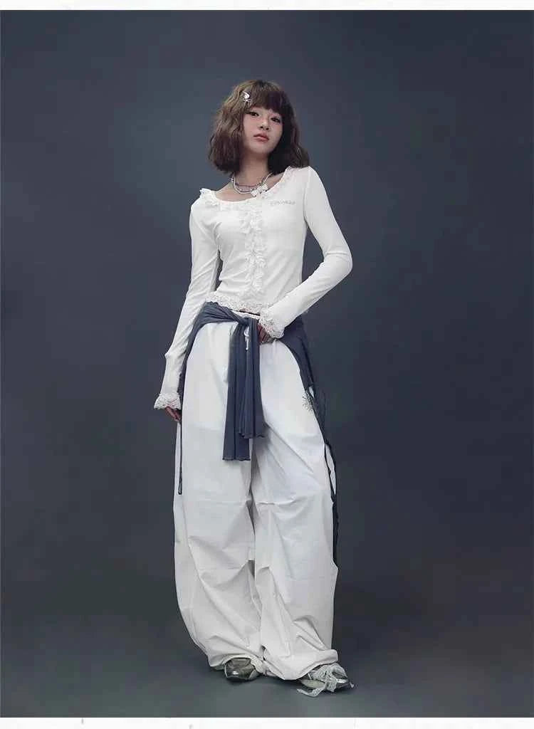 Women Spicy Lace Trim Long Sleeve T-shirt