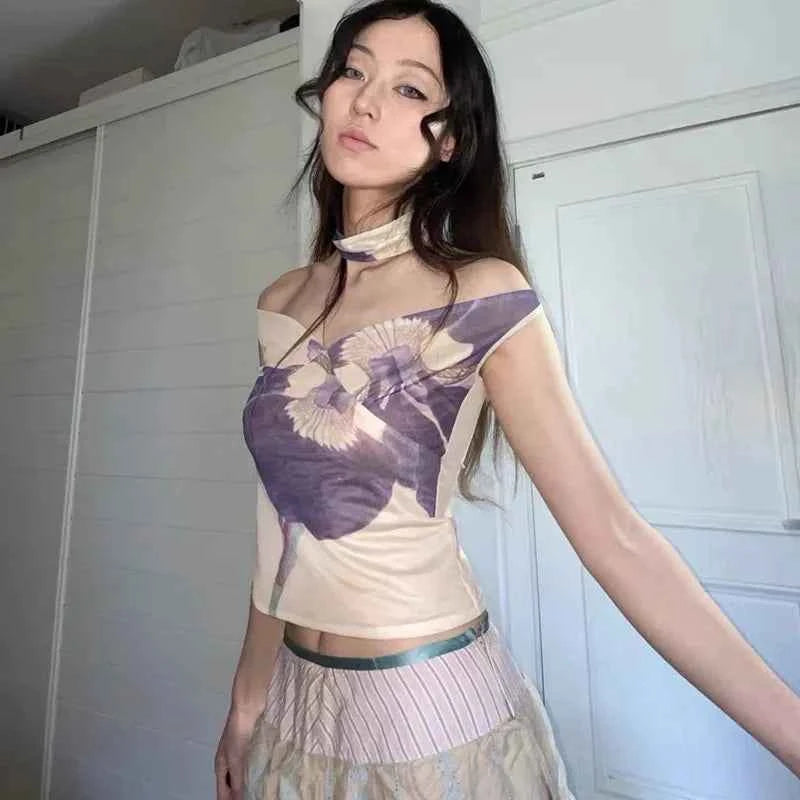 Vintage Tattoo Print Mesh Off-Shoulder T-Shirt