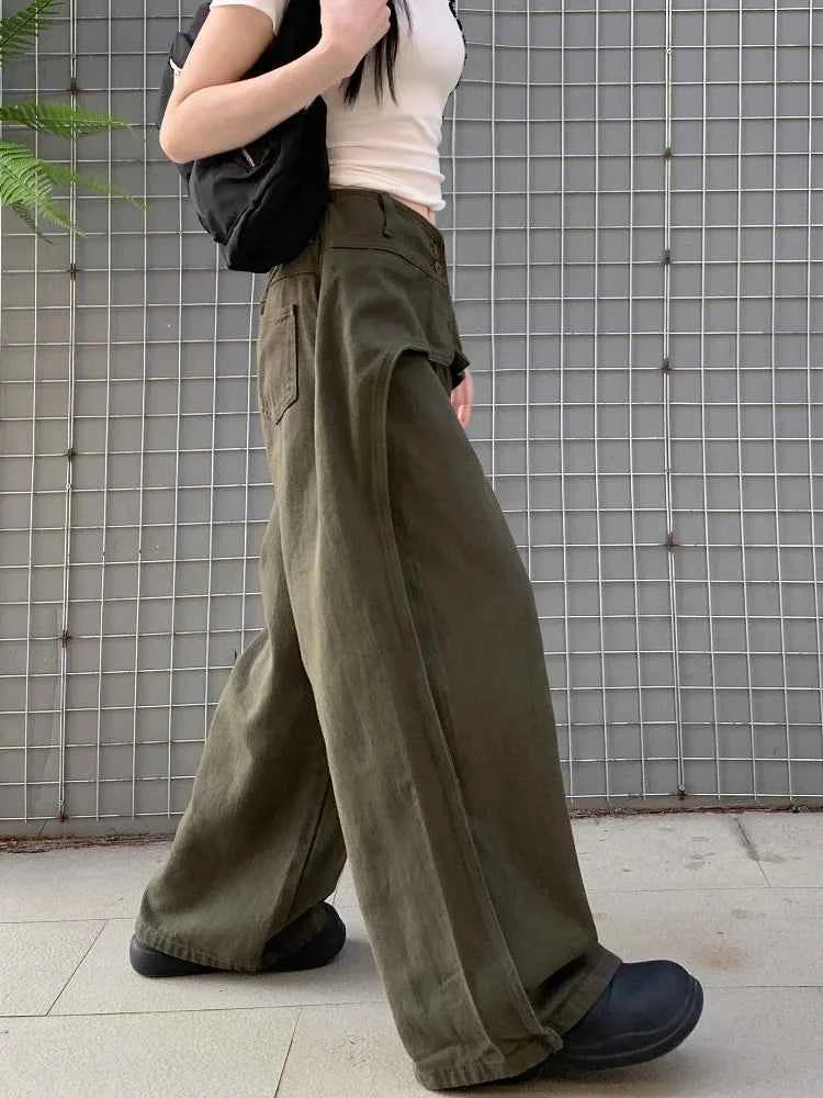 Vintage Army Green Patchwork Baggy Jeans
