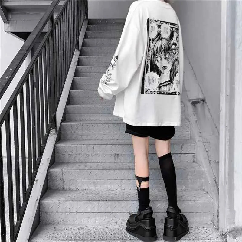 Oversized Korean Style Anime Print Long Sleeve T-Shirt