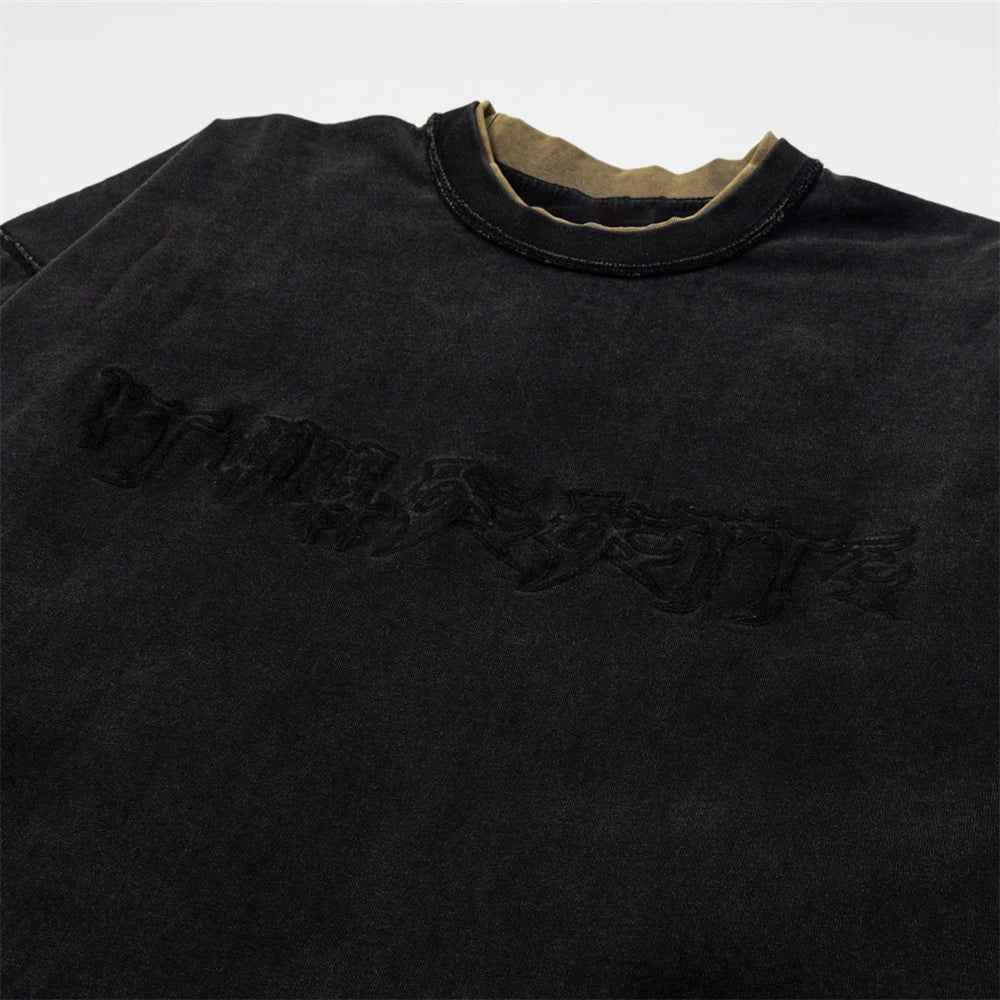 Retro Letter Printed Fake Two Piece Long Sleeve T-Shirt