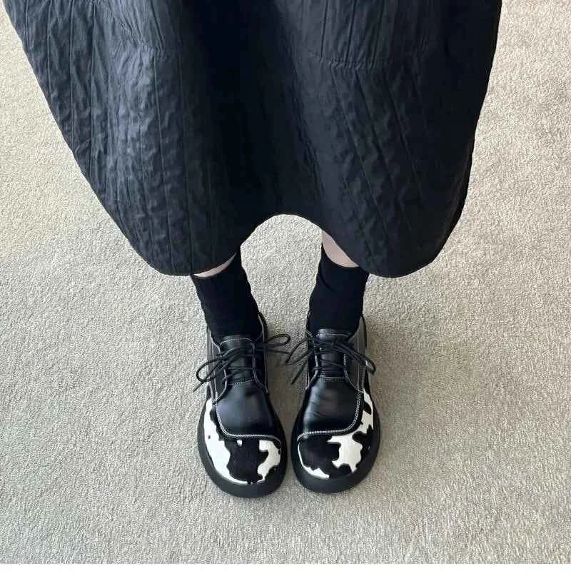 Cowhide Lace-Up Loafers Platform Shoes