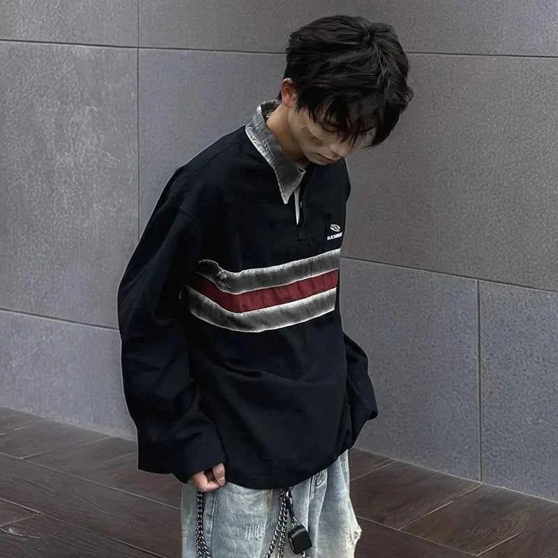 Ripped Retro Long Sleeve Polo Collar T-Shirt