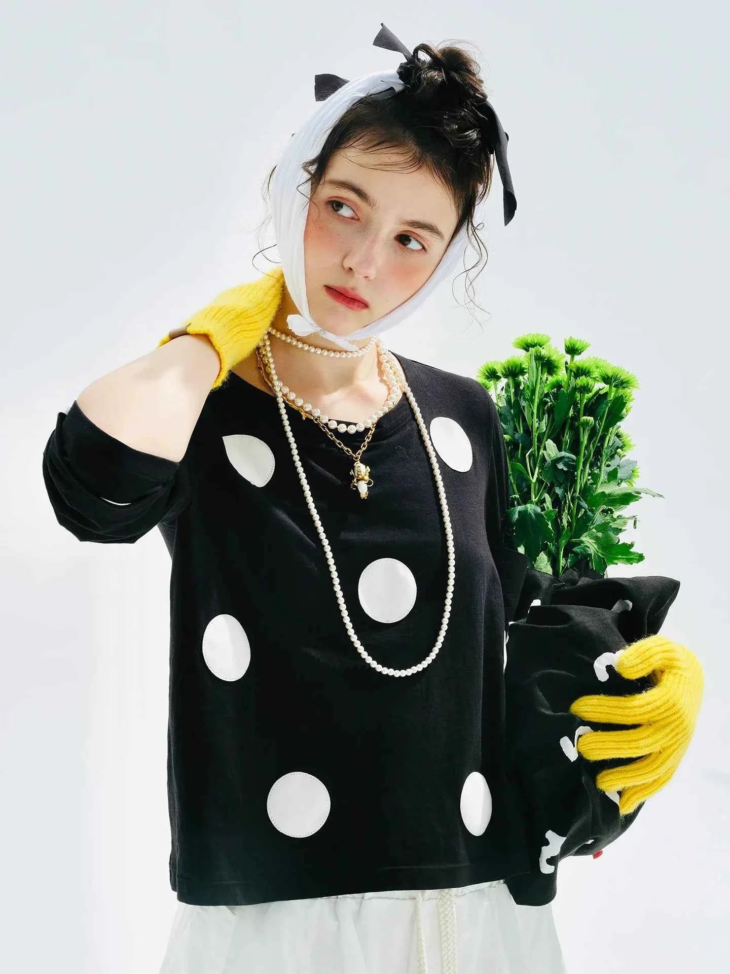 Polka Dot Black White Long Sleeve T-Shirt