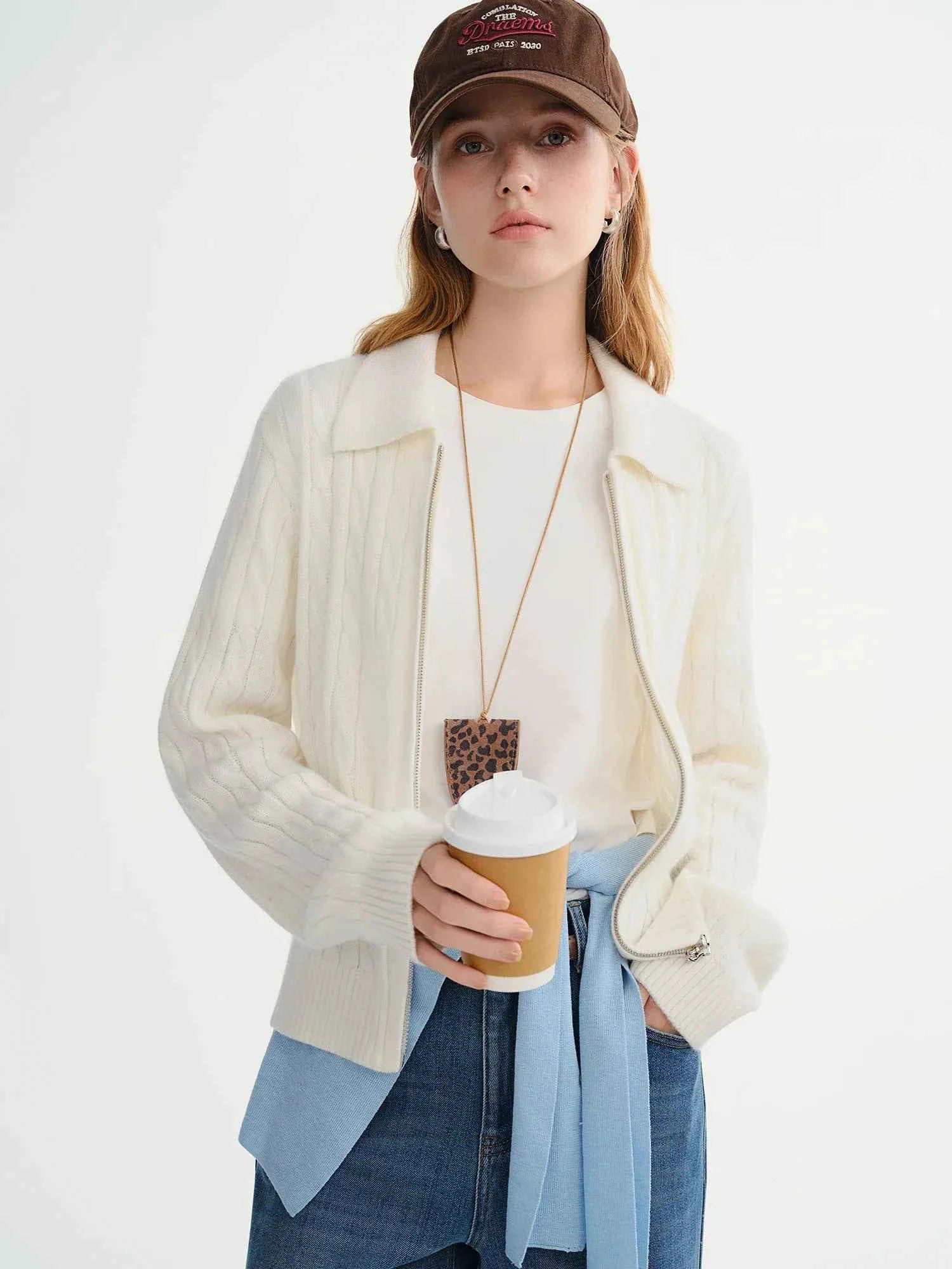 Soft Waxy Knitted Turn-Down Collar Zipper Cardigan