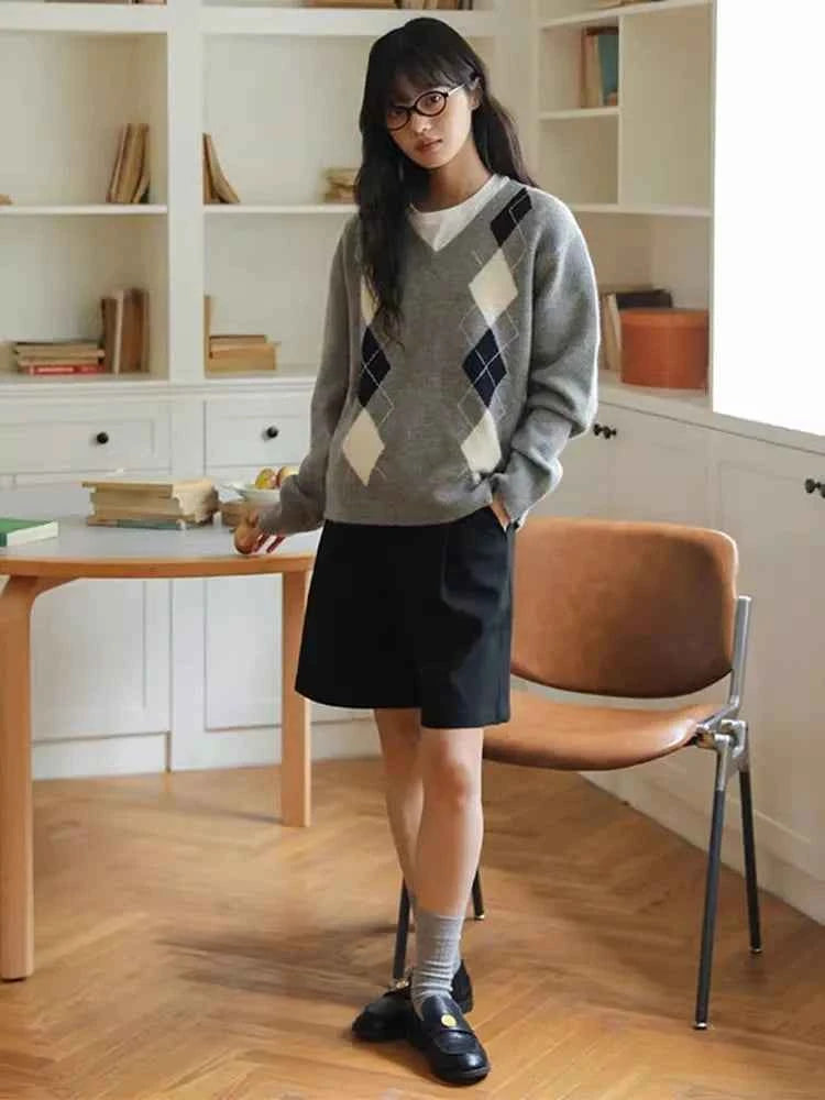 Retro Diamond Grid V-Neck Sweater