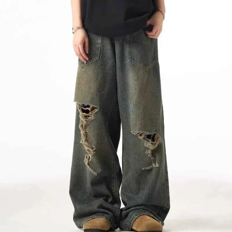 Retro American Ripped Distressed Wide Jeans