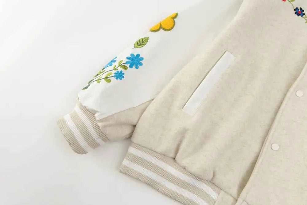 Retro Flower Embroidery Baseball Varsity Jacket