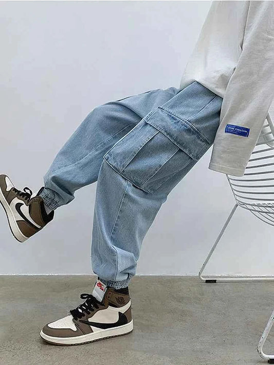 Baggy Streetwear Black Denim Cargo Jeans