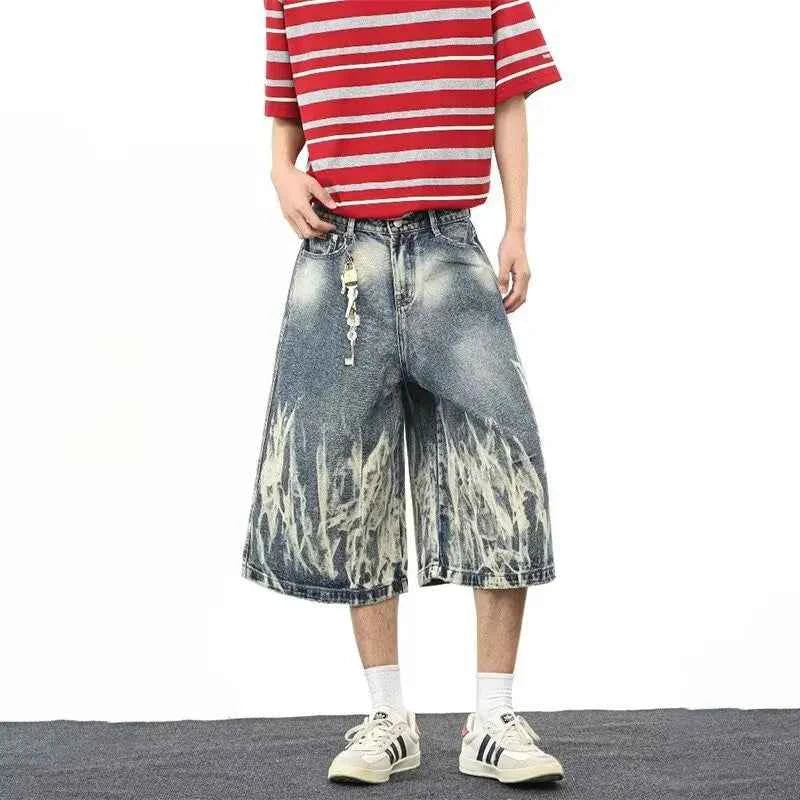 Streetwear Comfort Flame Wash Wide Leg Denim jorts