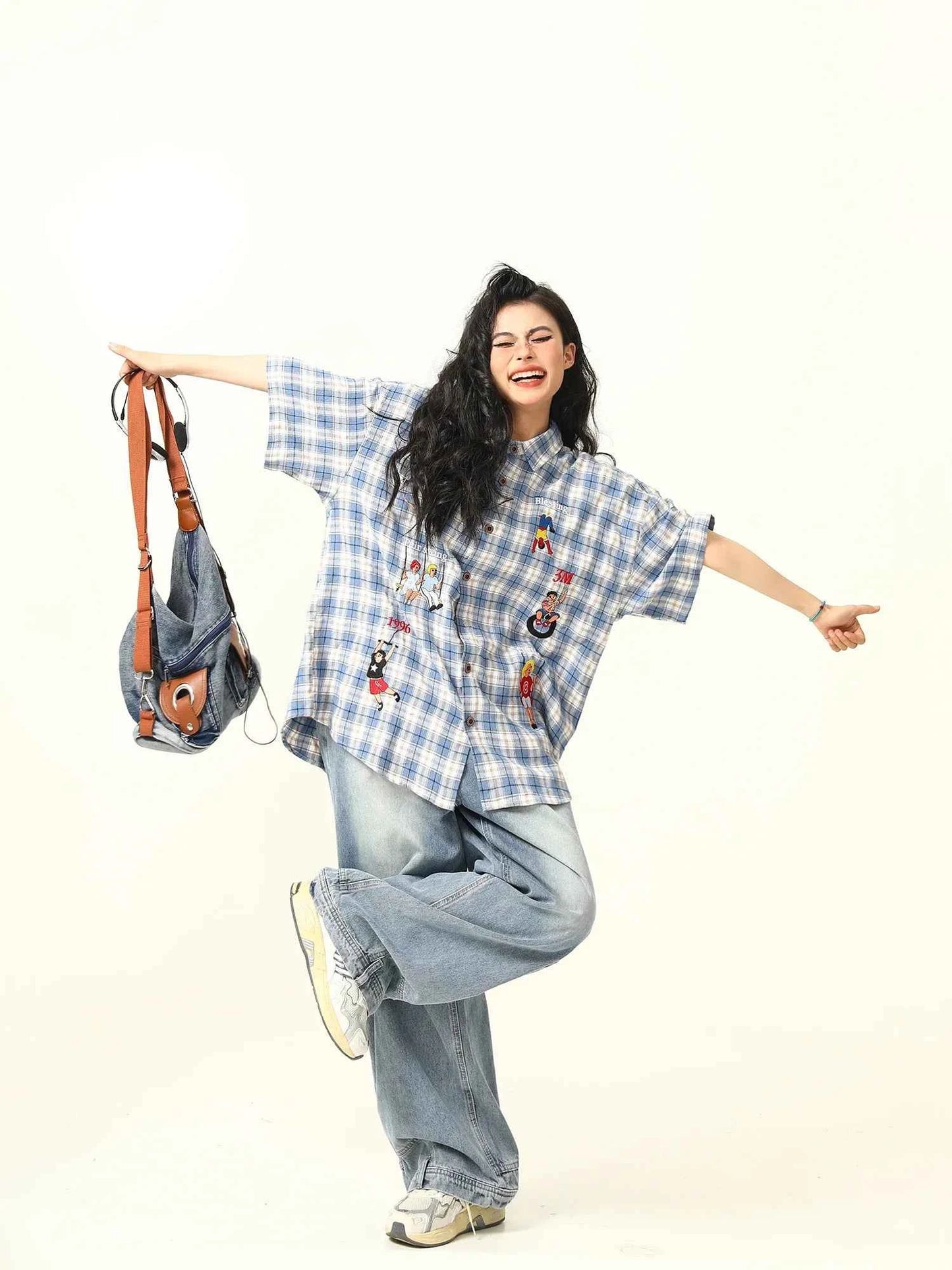 Blue Plaid Cartoon Character Embroidered Shirt