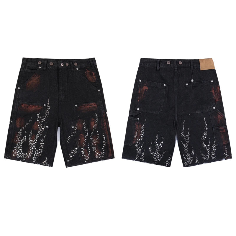 Fire Diamond Denim Rhinestone Graphic Short
