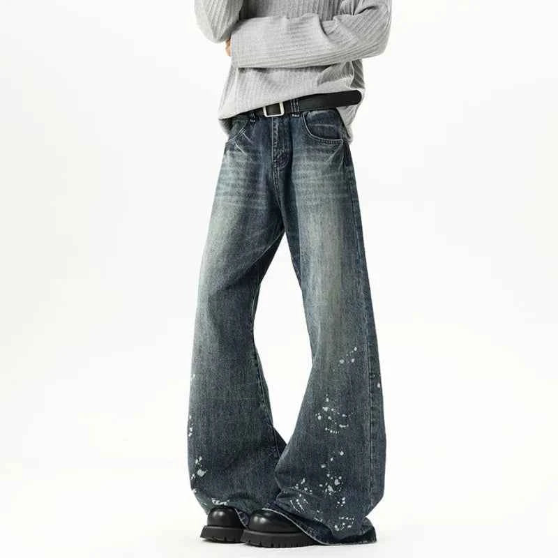 Streetwear Ink Splash Wide Leg Washed Denim Jeans
