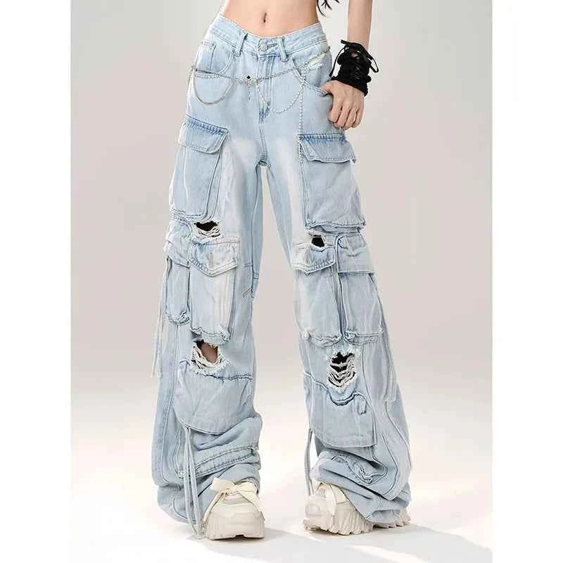 Breathable Y2K 90s Style Oversized Ripped Cargo Jeans