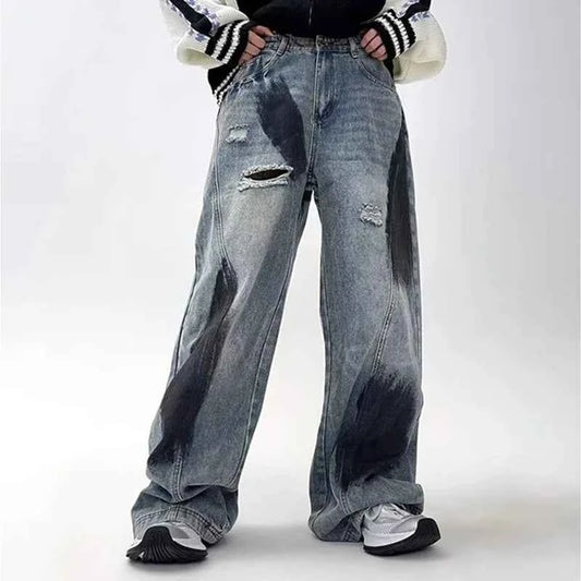 Vintage Streetwear Ripped Straight Wide Jeans