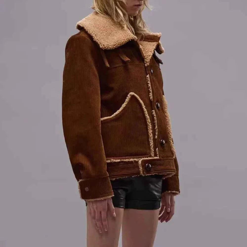 Women Solid Spliced Button Fur Jacket
