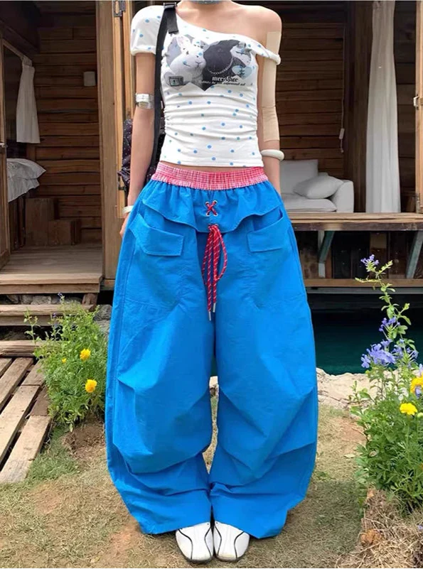 Premium Quick Drying Spliced Lace-Up Wide Leg Pants - Luxuryurbanwear