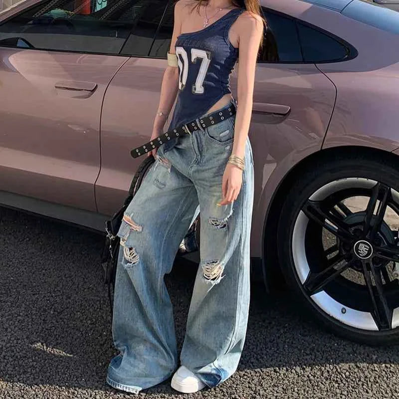 High-Quality Ripped Wide Leg Denim Jeans