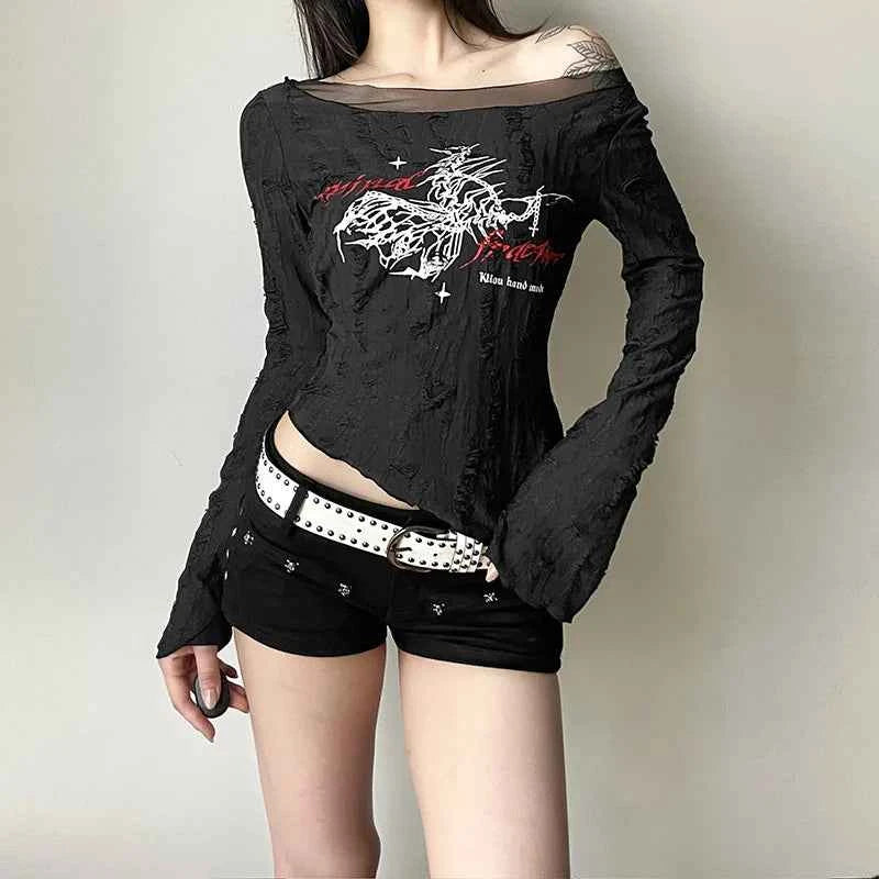 Dark Punk Mesh Patchwork Long T-Shirt
