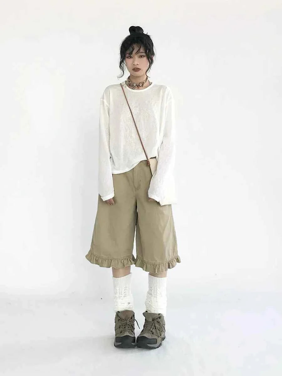 Chic Khaki Ruffled High Waist Jorts