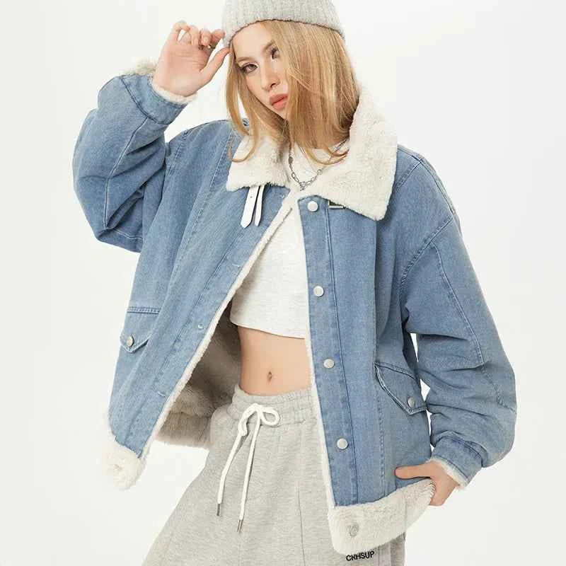 Sweet Blue Plush Lady Short Denim Jacket