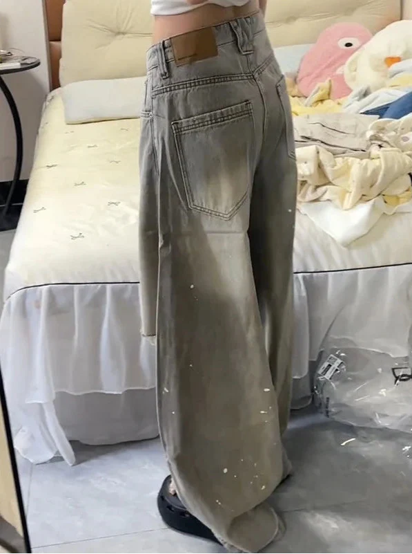 Streetwear Casual Vintage Grey High Waist Wide Jeans - Luxuryurbanwear