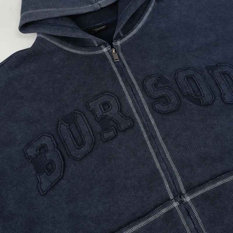 Washed Plush Embroidered Zip-Up Hooded Sweatshirt