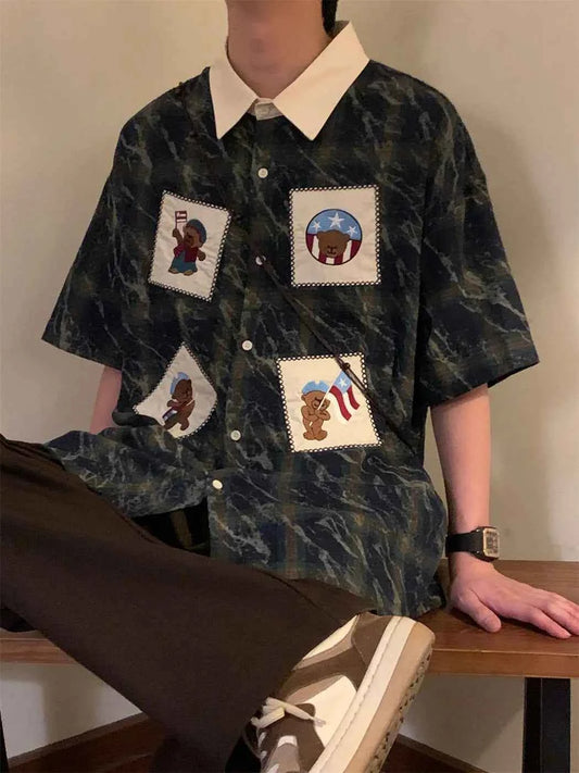 Vintage Classic Contrasting Color Short Sleeved Shirt