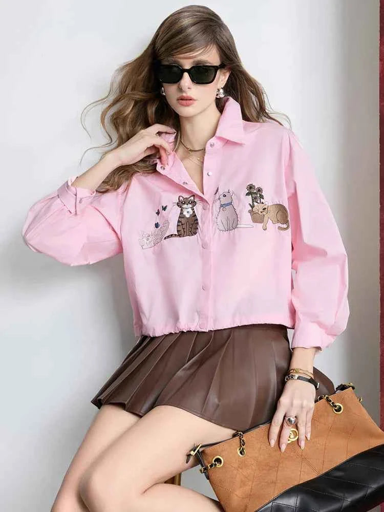Cute Cat Embroidered Loose Fit Long Sleeve Shirt