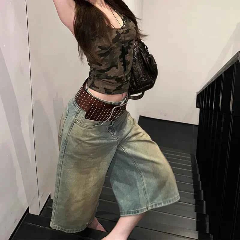 Retro Washed Denim High Waisted Denim Jorts